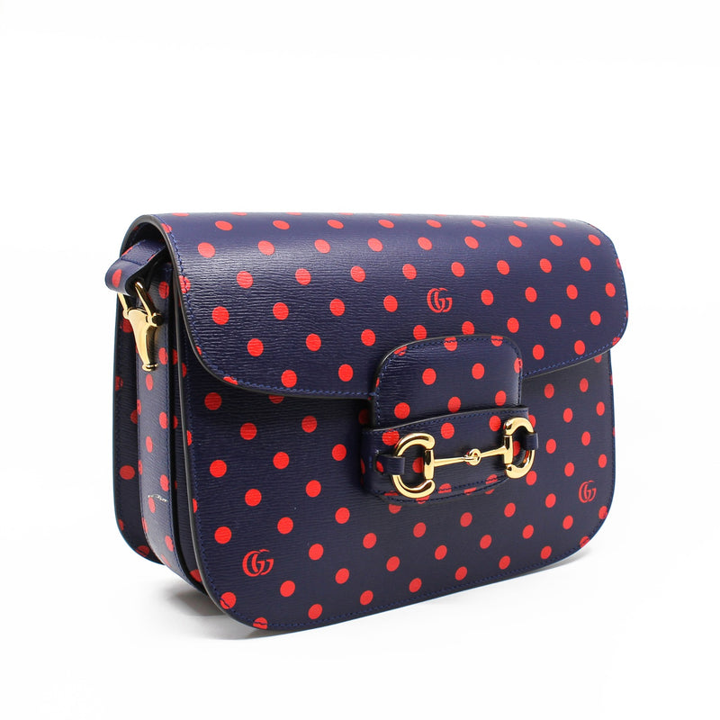 1955 Horsebit Bag in navy leather with red polka dots ghw