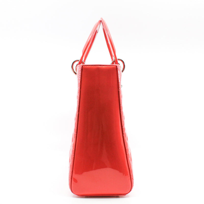 Large Cannage Lady Dior In Orange Red Patent Leather Handbag PHW With Strap - L'UXE LINK