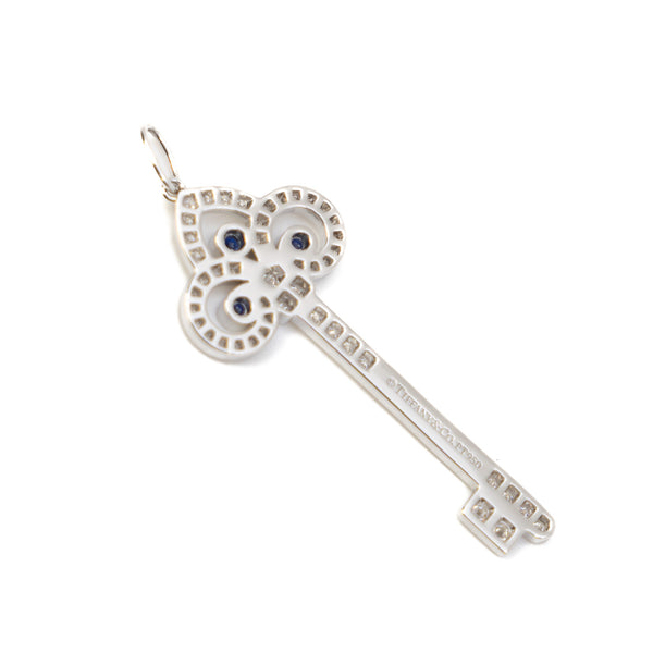 Platinum Fleur De Lis Diamonds And Blue Sapphire Key Pendant - L'UXE LINK