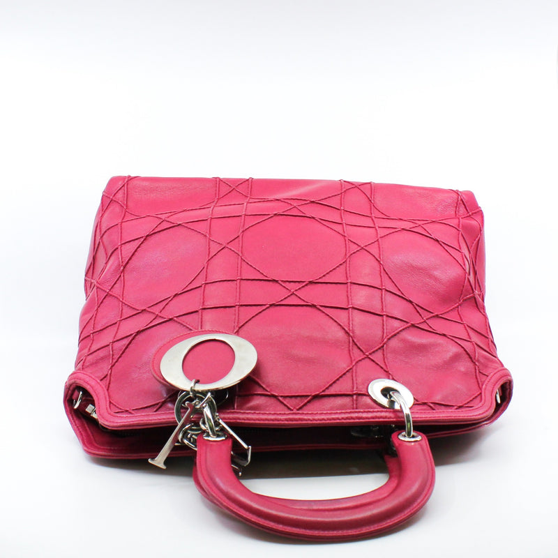 Medium Cannage Granville In Dark Pink Lambskin Tote Bag PHW With Strap - L'UXE LINK