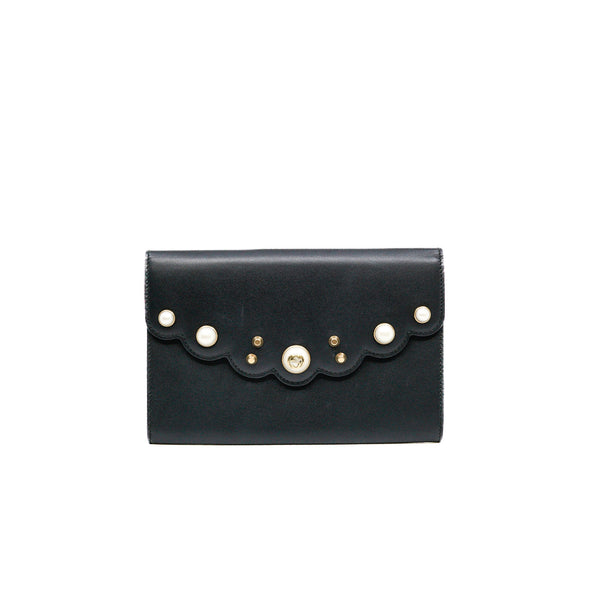Mini Peony Pearly Black Leather Wallet Clutch Bag GHW - L'UXE LINK