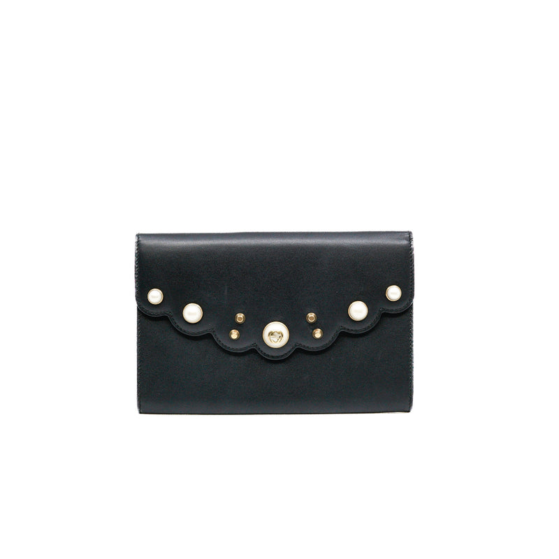 Mini Peony Pearly Black Leather Wallet Clutch Bag GHW - L'UXE LINK