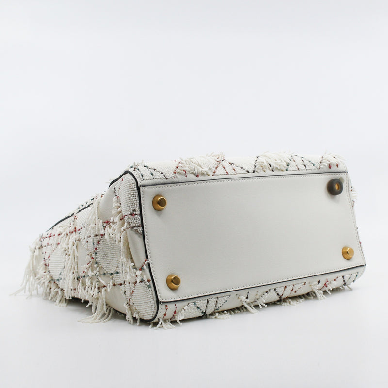 Medium Beaded Fringe Lady Dior In White Lambskin Handbag GHW With Strap