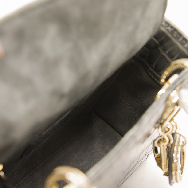 Mini Lady Dior In Grey Alligator Leather Handbag Crystal Hardware With Chain - L'UXE LINK