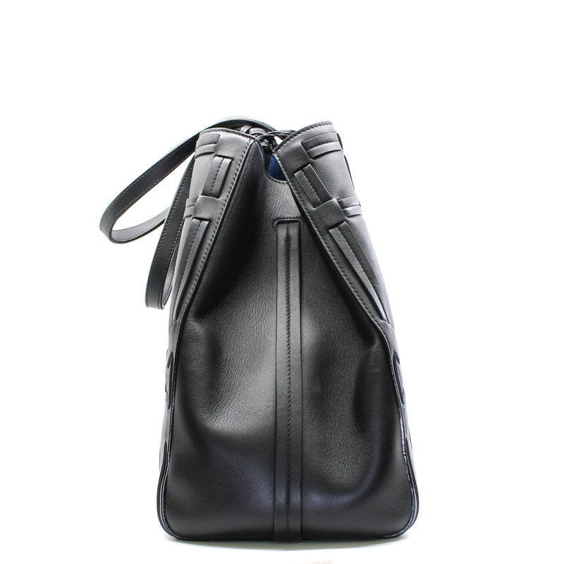 Black Cannage Detail Leather Shopper Tote Bag With Pouch PHW - L'UXE LINK