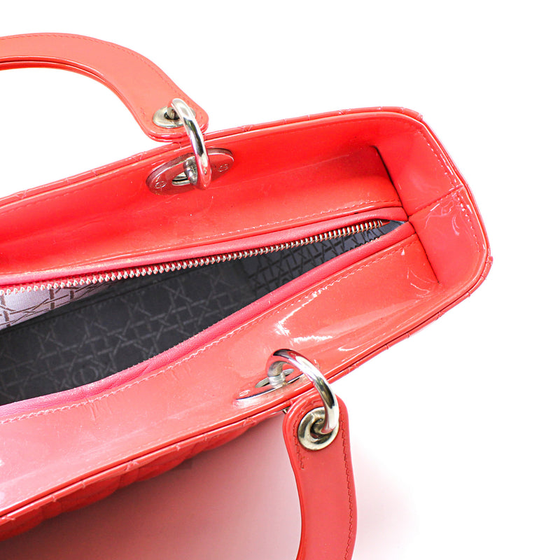 Large Cannage Lady Dior In Orange Red Patent Leather Handbag PHW With Strap - L'UXE LINK