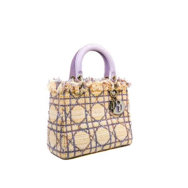 Medium Lady Dior In Beige/Purple Tweed Cannage Handbag PHW (No Strap)