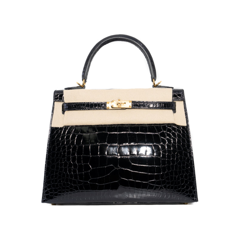 Kelly 25 Crocodile Leather GHW Black Z Stamp - L'UXE LINK
