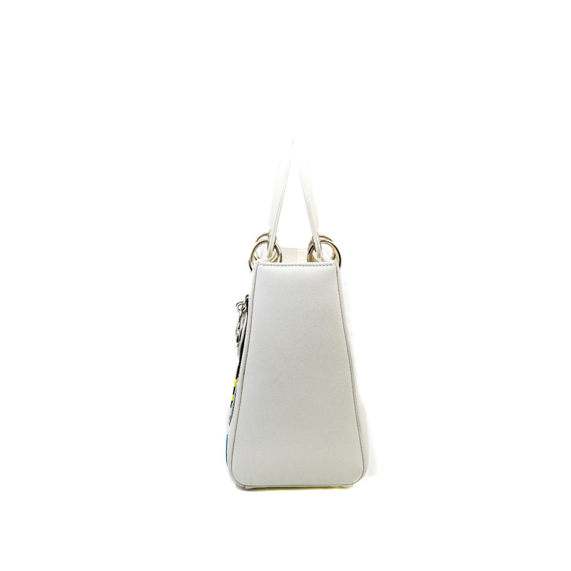 Medium Lady Dior In White Patch Embellished Leather Handbag PHW (No Strap)