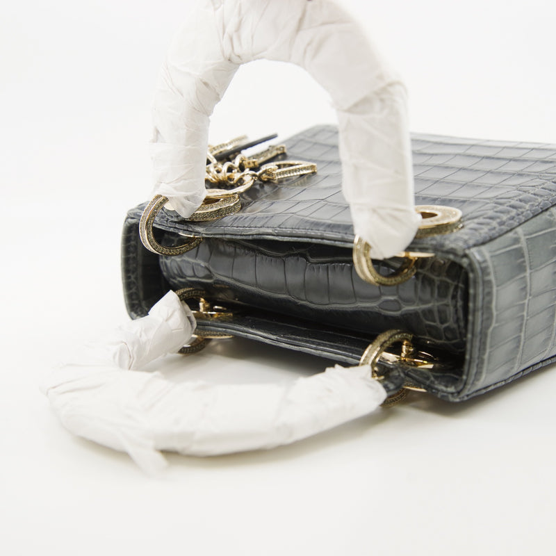 Mini Lady Dior In Grey Alligator Leather Handbag Crystal Hardware With Chain - L'UXE LINK