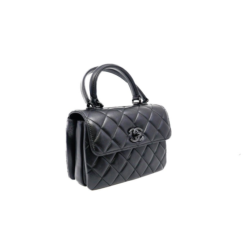 small trendy cc flap bag with top handle  so black lambskin