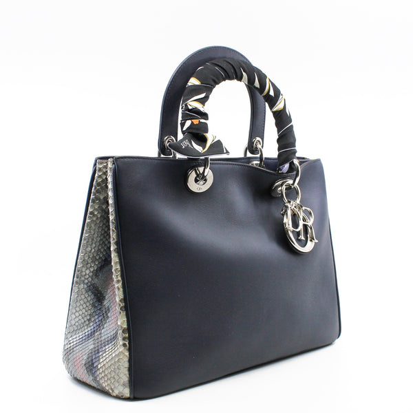 Medium Diorissimo In Blue/Beige Python/Calfskin Leather Handbag PHW With Strap - L'UXE LINK