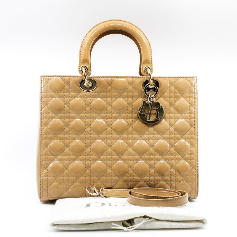 Large Cannage Lady Dior In Dark Beige Patent Leather Handbag GHW With Strap - L'UXE LINK