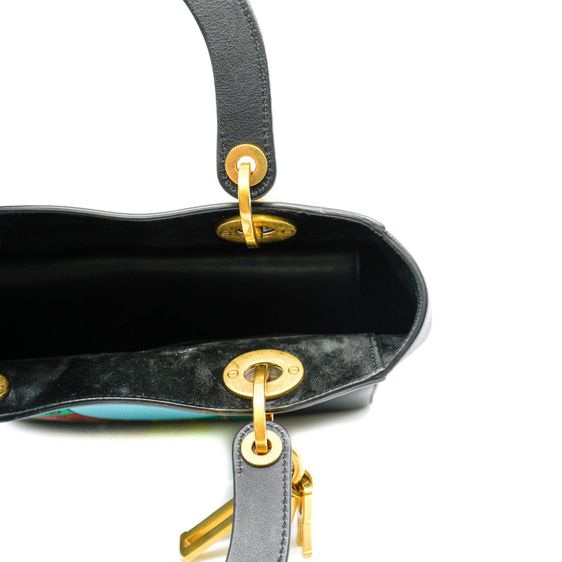 Medium Lady Dior Wheel Of Fortune Black Printed Leather Handbag GHW With Strap