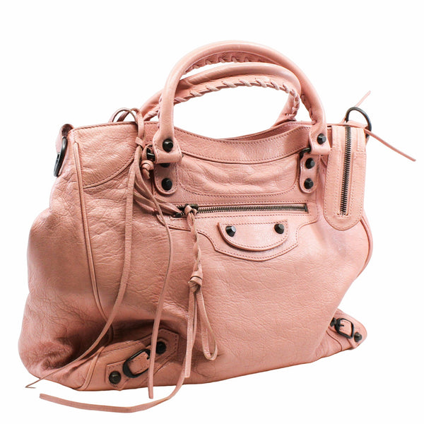 City tote side bag leather pink  Antique Brass Hardware