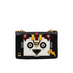 Robot Flap Shoulder Bag Mixed Media Small Leather  Black White ghw
