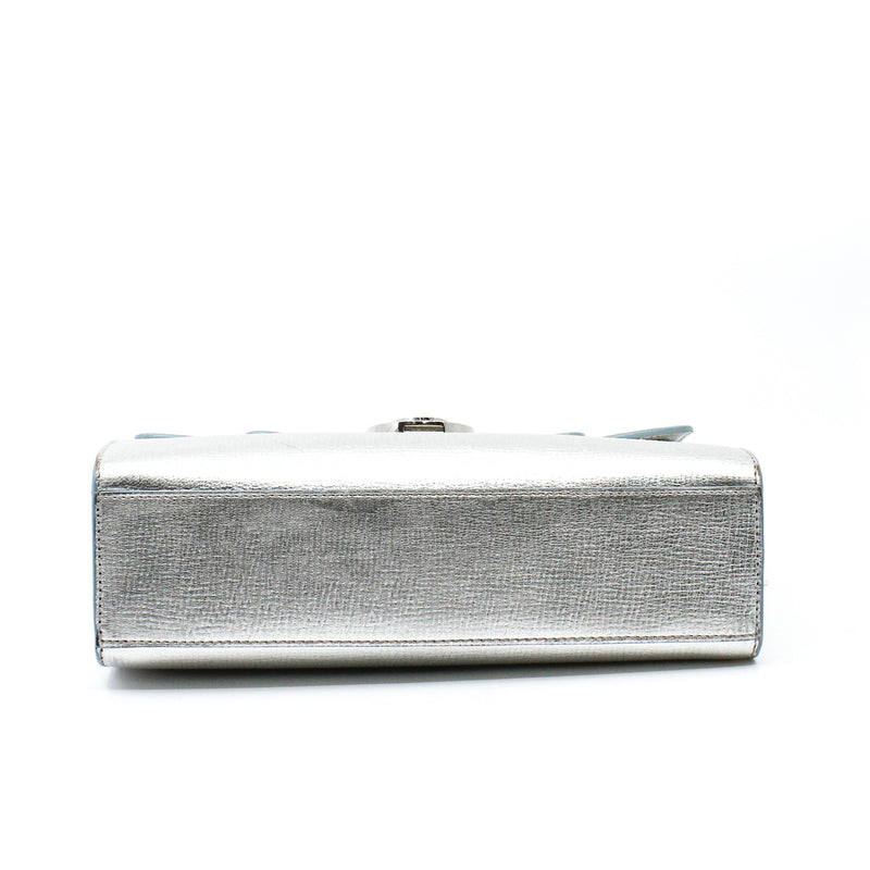 Metallic Silver/Blue Grained Calfskin Diorever Squad Flap Bag PHW With Strap