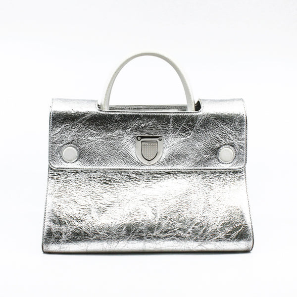 Medium Diorever In Metallic Silver Calfskin Flap Bag PHW With Strap - L'UXE LINK