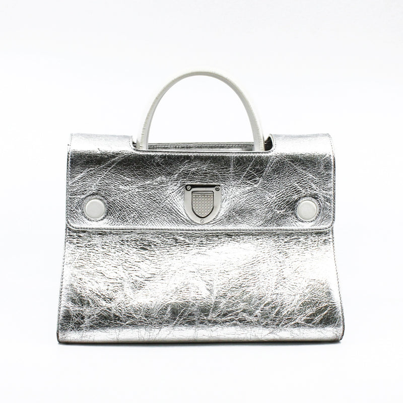 Medium Diorever In Metallic Silver Calfskin Flap Bag PHW With Strap - L'UXE LINK