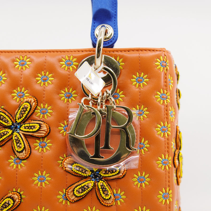 Medium Christian Dior x Jamilla Okubo In Orange/Blue Leather Lady Dior Bag GHW With Strap