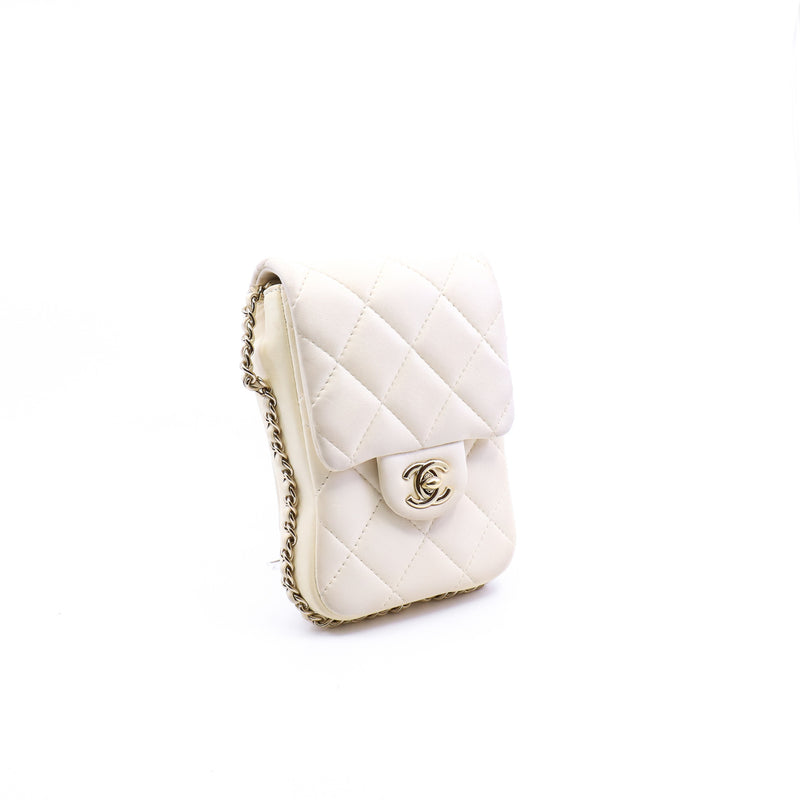 White Lambskin Quilted Phone Flap Bag With Chain GHW Seri 29 - L'UXE LINK