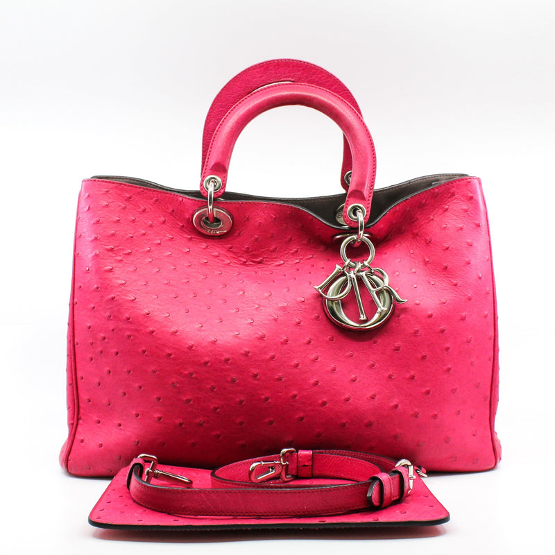 Large Ostrich Diorissimo In Fuchsia/Brown Handbag PHW With Strap - L'UXE LINK