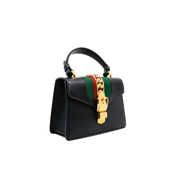 Mini Sylvie Black Leather Top Handle Bag Ghw with Strap - L'UXE LINK