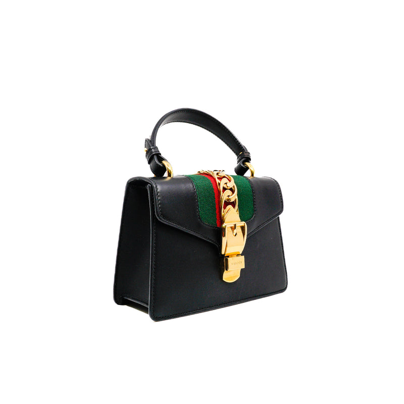 Mini Sylvie Black Leather Top Handle Bag Ghw with Strap - L'UXE LINK