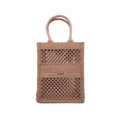 Clay-colored Mesh Embroidery Vertical Book Tote - L'UXE LINK