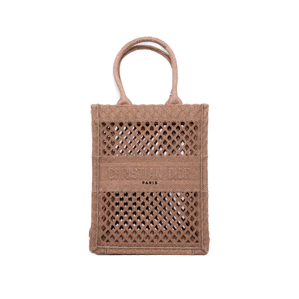 Clay-colored Mesh Embroidery Vertical Book Tote - L'UXE LINK