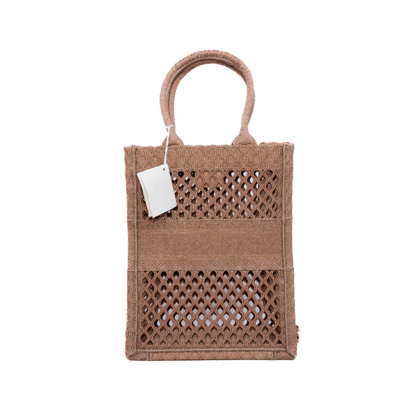 Clay-colored Mesh Embroidery Vertical Book Tote - L'UXE LINK