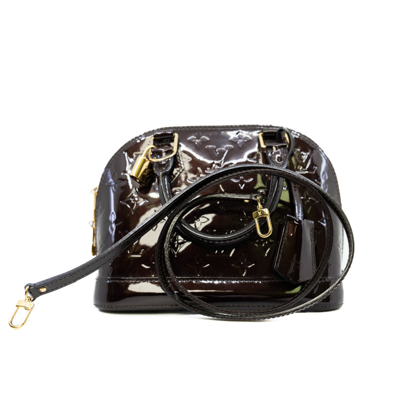 Alma BB Monogram Vernis Leather In Amarante Red Handbag GHW With Strap - L'UXE LINK