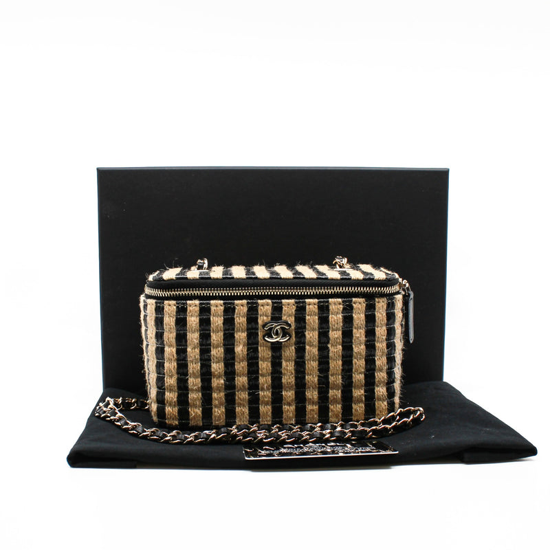 Small Black And Beige Raffia Jute Striped Vanity Case With Chain GHW Seri 30 - L'UXE LINK