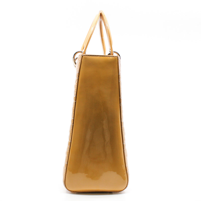 Large Cannage Lady Dior In Yellow Beige Patent Leather Handbag PHW With Strap - L'UXE LINK