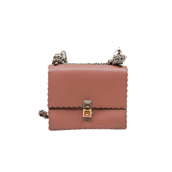 Small Kan I Scallop Pink In English Rose Bag with Mink Fur Pom Pom Mini Strap You Black - L'UXE LINK