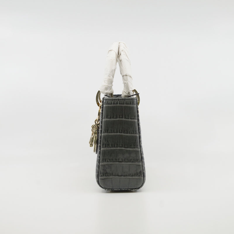 Mini Lady Dior In Grey Alligator Leather Handbag Crystal Hardware With Chain - L'UXE LINK