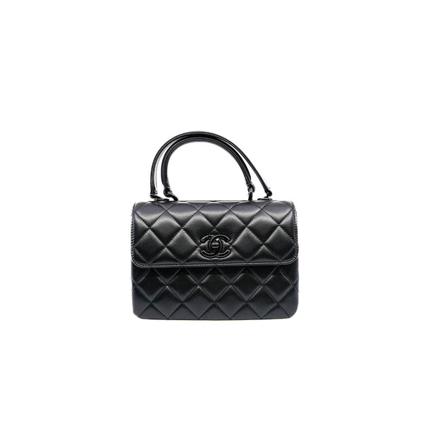 small trendy cc flap bag with top handle  so black lambskin