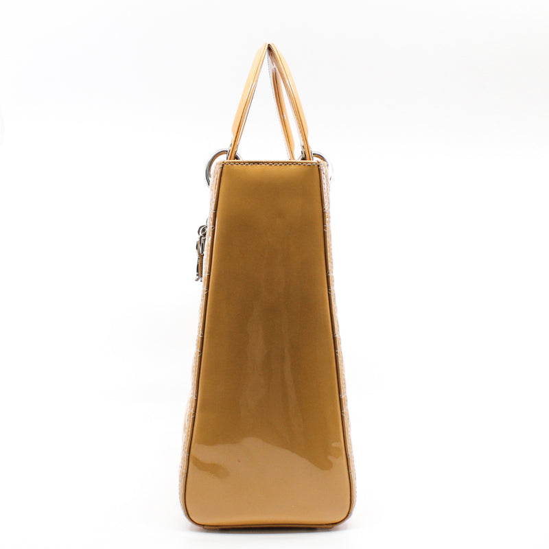 Large Cannage Lady Dior In Yellow Beige Patent Leather Handbag PHW With Strap - L'UXE LINK