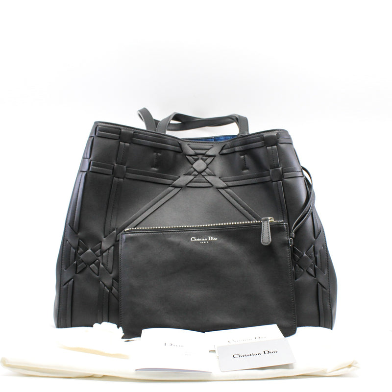 Black Cannage Detail Leather Shopper Tote Bag With Pouch PHW - L'UXE LINK