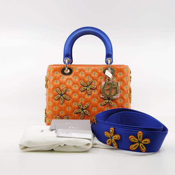 Medium Christian Dior x Jamilla Okubo In Orange/Blue Leather Lady Dior Bag GHW With Strap