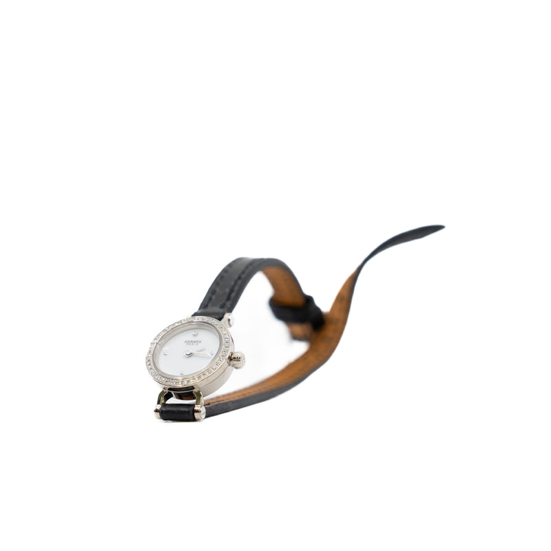 15mm FAUBOURG QUARTZ diamond watch in white dial/leather black band - L'UXE LINK