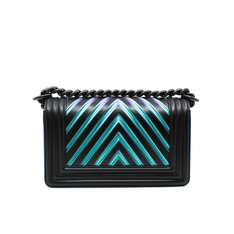 Small Leboy In Black/Iridescent Chevron Embossed Calfskin Flap Bag PHW Seri 24 - L'UXE LINK