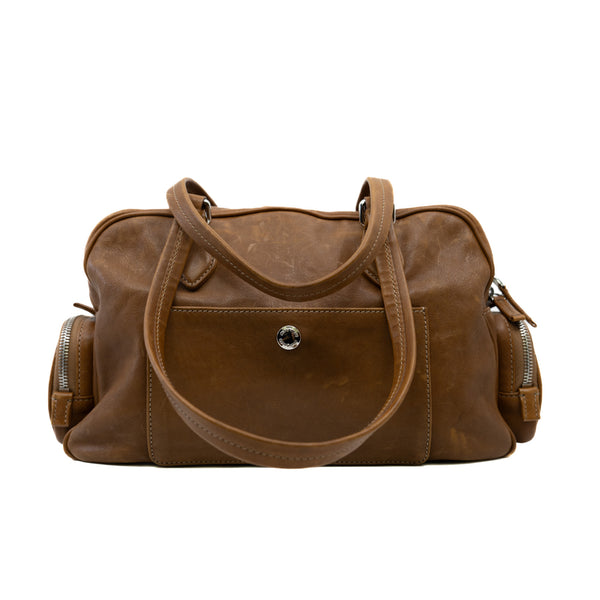 nappa pocket bag with top handle in leather brown