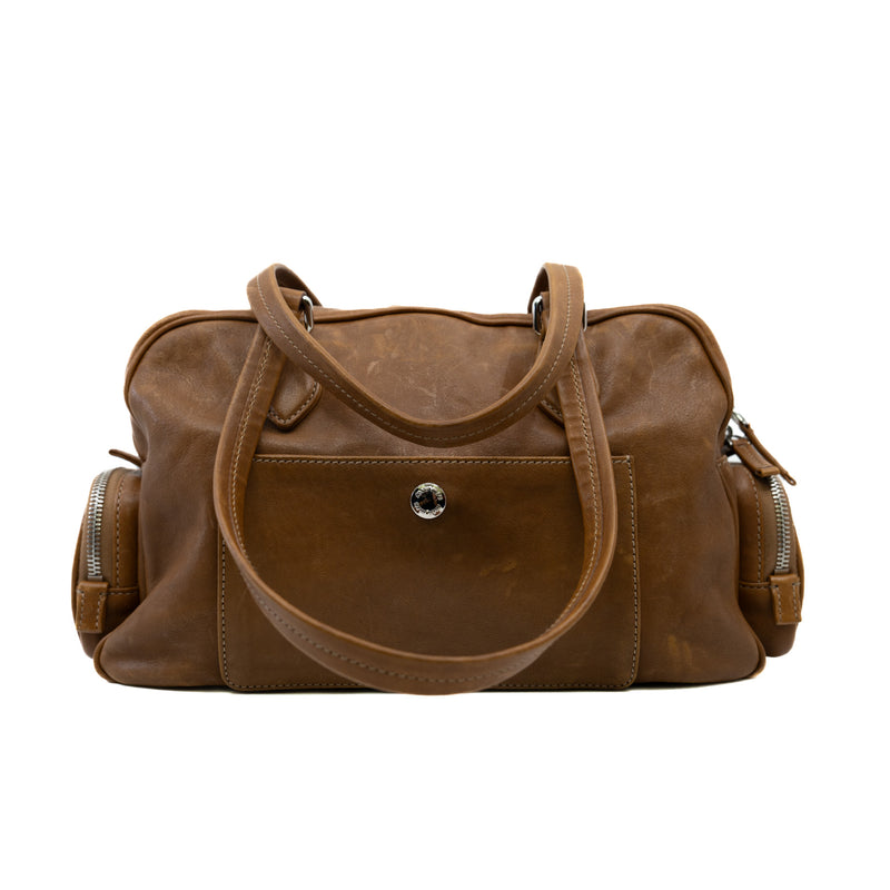 nappa pocket bag with top handle in leather brown