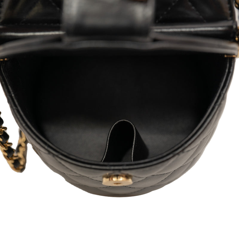 Double Sided In Black Shiny Lambskin Quilted Round Top Handle Vanity Bag GHW With Chain - L'UXE LINK