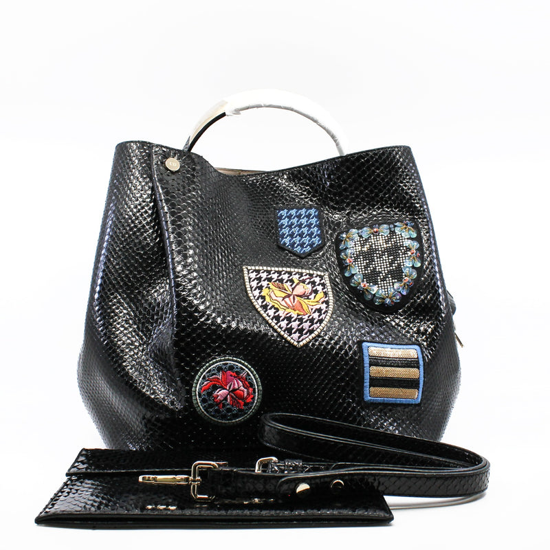 Black Python Leather Diorific Sequin Embroidered Patch Bucket Handbag GHW