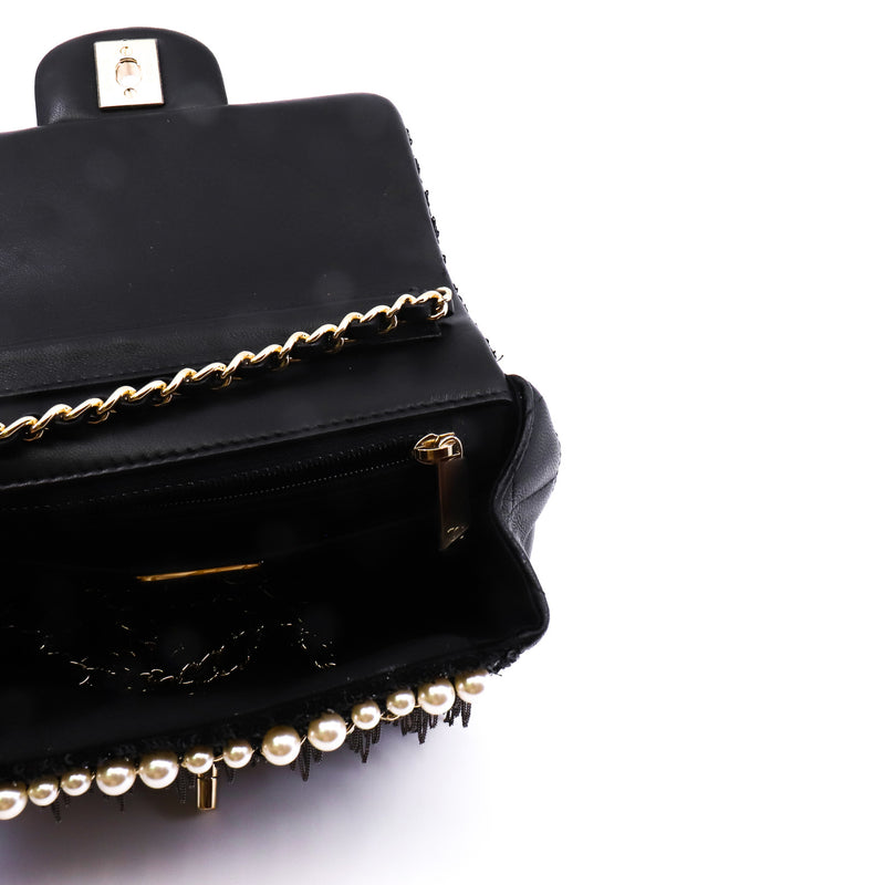 Mini Square Black Pearl And Chains Lambskin Quilted Flap Bag GHW Seri 30 - L'UXE LINK