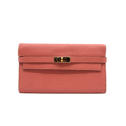 Kelly Long Bifold Wallet Chevre Leather Rose Tea Beige GHW O Stamp - L'UXE LINK