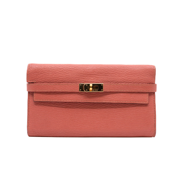 Kelly Long Bifold Wallet Chevre Leather Rose Tea Beige GHW O Stamp - L'UXE LINK