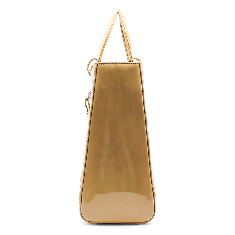 Large Cannage Lady Dior In Dark Beige Patent Leather Handbag GHW With Strap - L'UXE LINK
